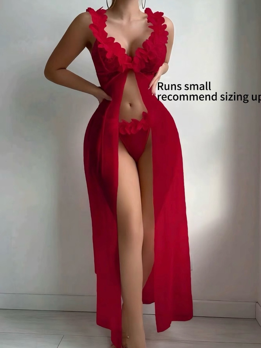 Red Ruffle Sheer Long Robe Lingerie Set - Women Intimates